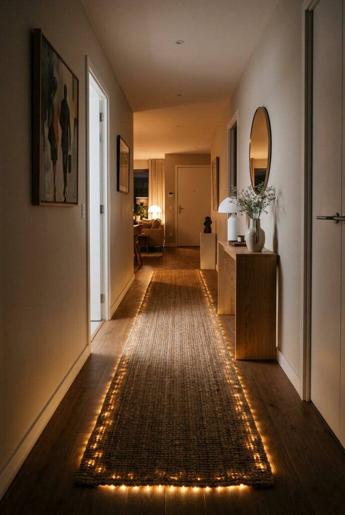 Décoration intérieure cosy avec guirlande lumineuse glissée sous un tapis en jute