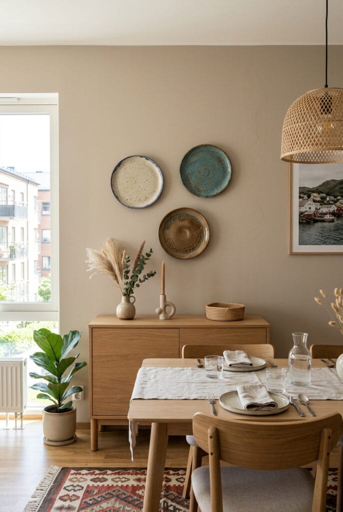 Décoration intérieure cosy avec assiettes en grès accrochées au mur