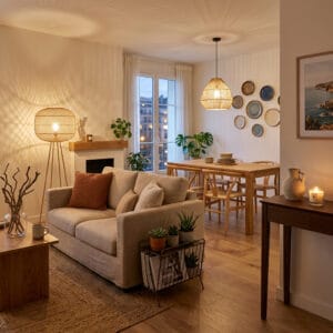 Décoration intérieure cosy dans un salon ouvert sur la salle à manger