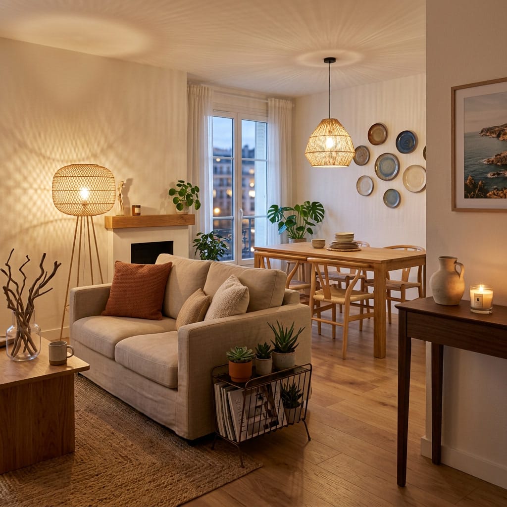 Décoration intérieure cosy dans un salon ouvert sur la salle à manger