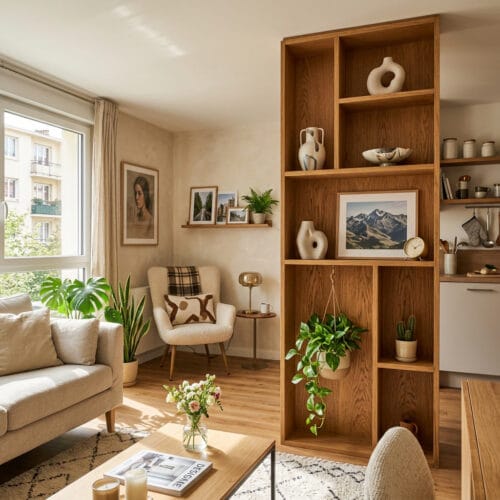 Étagère en bois dans un intérieur cosy, idée déco pour optimiser l'espace
