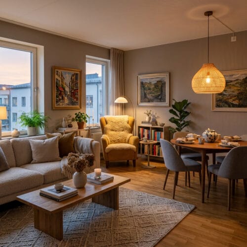 Intérieur cosy aux tons naturels avec canapé moelleux, bois, plantes et lumière chaleureuse dans un appartement accueillant.