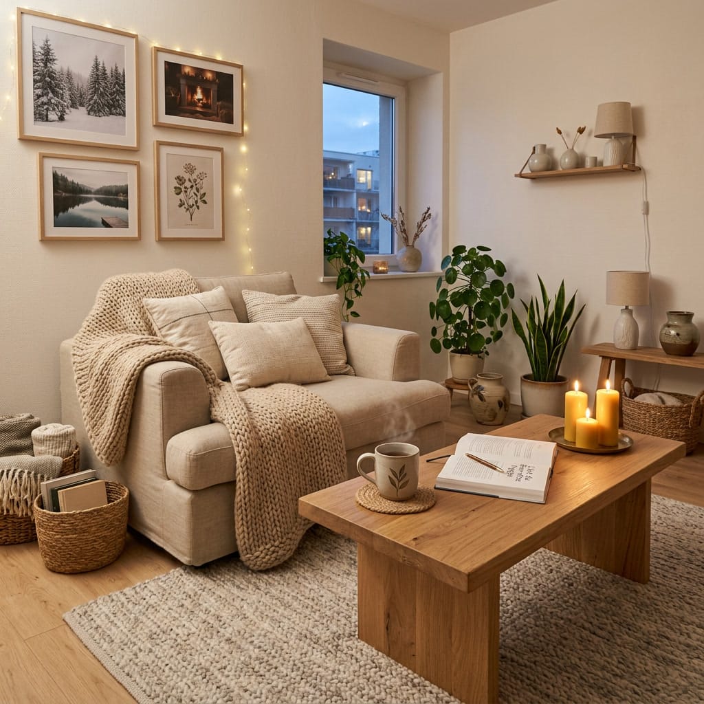 Intérieur hygge cosy avec plaid, bougies et lumière douce pour une déco chaleureuse