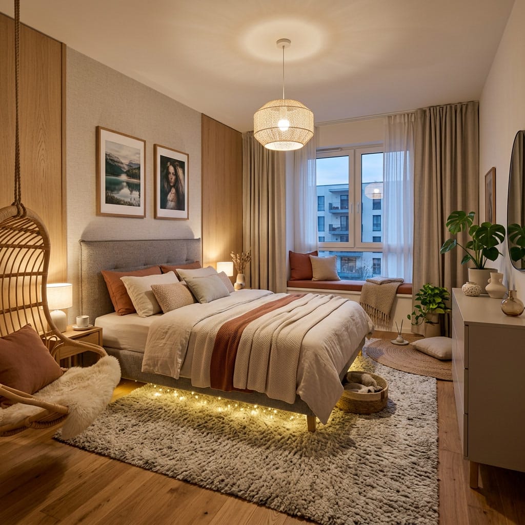 Idée déco chambre cosy avec guirlandes lumineuses, tapis épais et accessoires chaleureux
