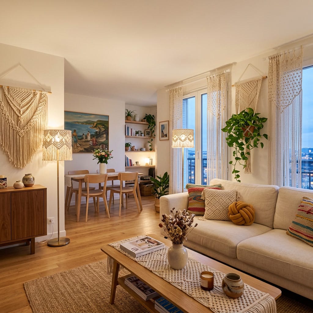 Salon ouvert sur salle à manger décoré en macramé bohème avec suspension, coussins et rideaux