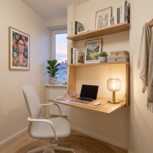 Petit bureau aménagé avec étagères murales, plante verte et chaise ergonomique dans un appartement