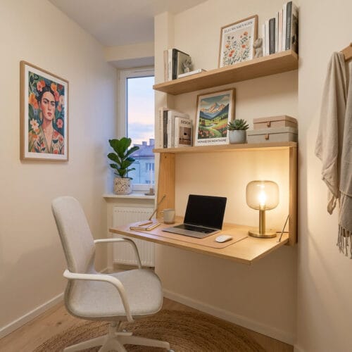 Petit bureau aménagé avec étagères murales, plante verte et chaise ergonomique dans un appartement