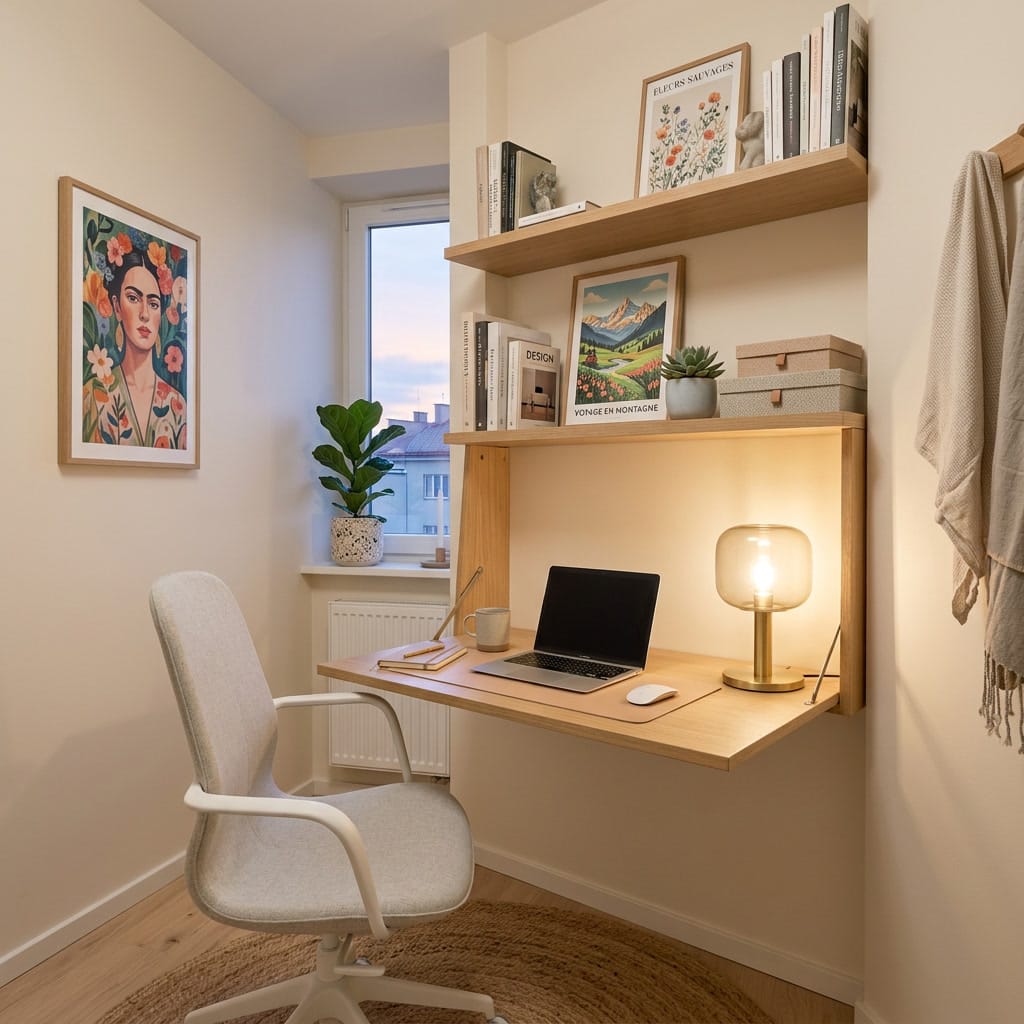 Petit bureau aménagé avec étagères murales, plante verte et chaise ergonomique dans un appartement