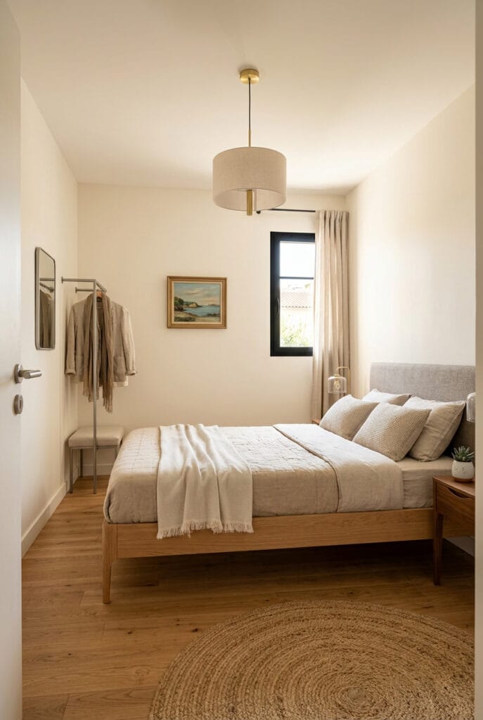 Lit à pieds fins dans une petite chambre laissant le sol dégagé et visible