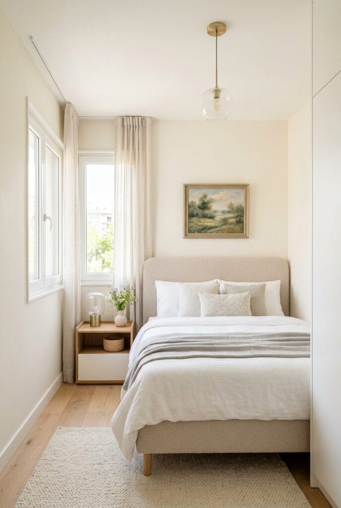 Petite chambre aux murs de teinte claire et lumineuse reflétant la lumière naturelle