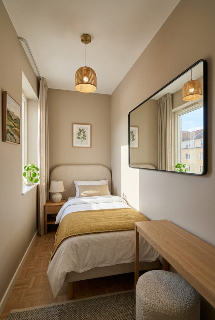 Miroir face à la fenêtre dans une petite chambre reflétant la lumière naturelle