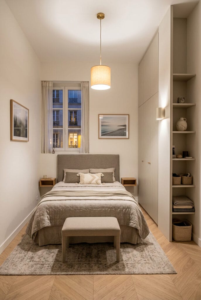 Rangements muraux en hauteur dans une petite chambre avec sol dégagé