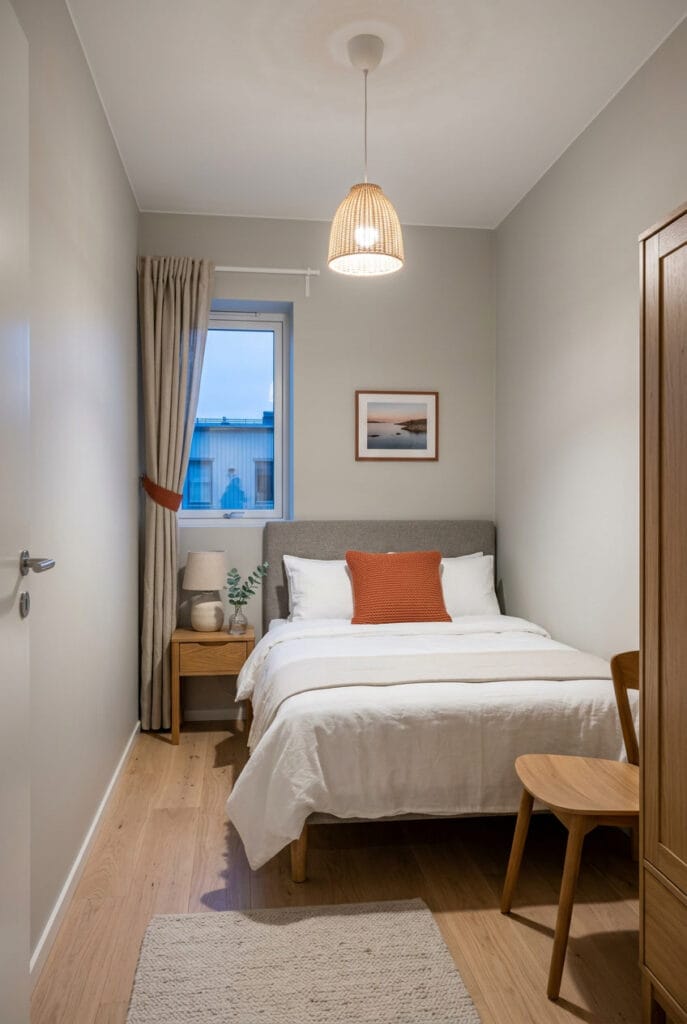 Petite chambre avec une seule couleur d'accent reprise sur les textiles