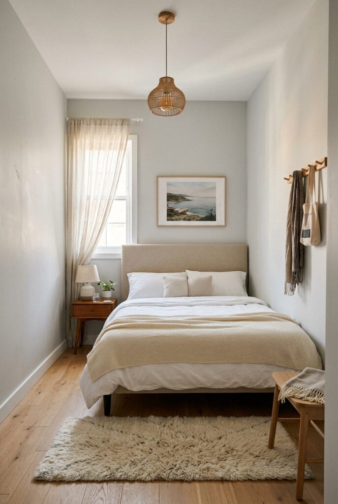Tapis moelleux, plaid léger et rideaux fluides dans une petite chambre