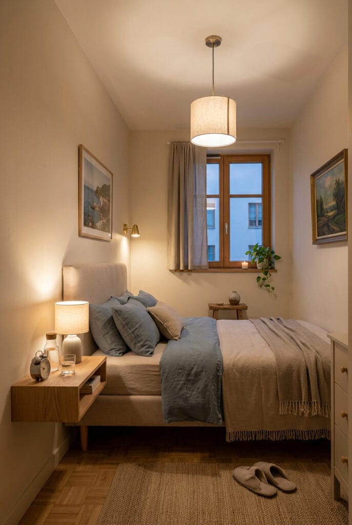Chevet suspendu discret dans une petite chambre dégageant la surface au sol