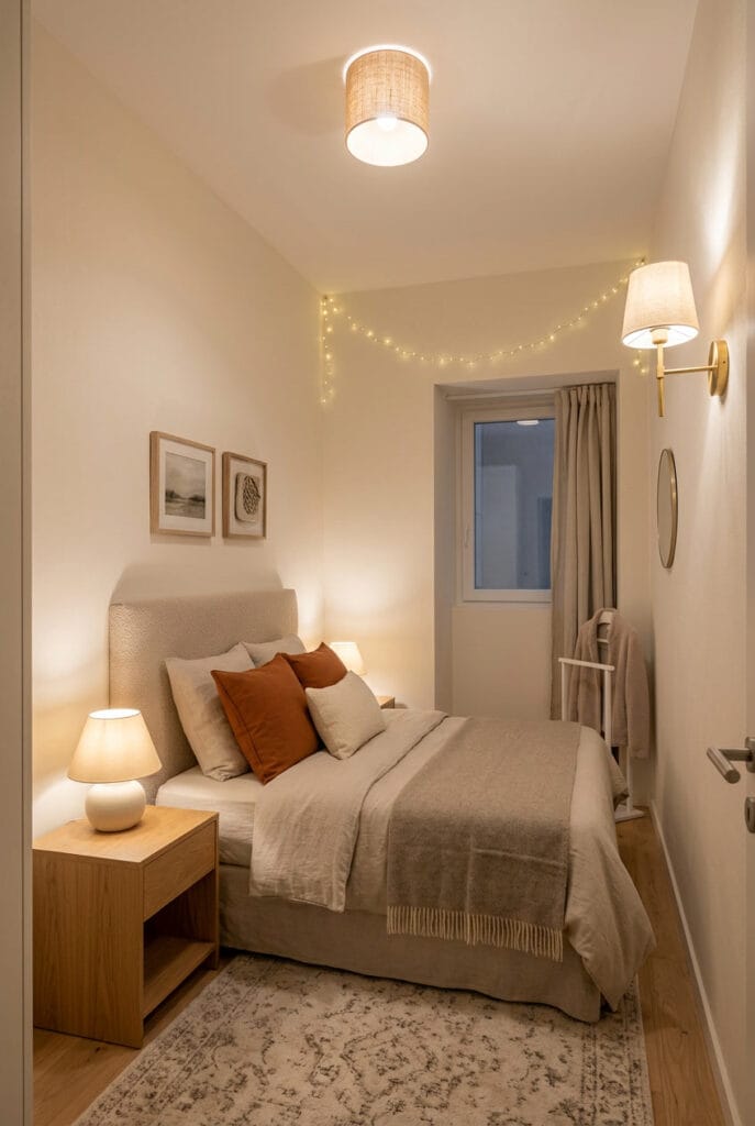 Lampe de chevet et applique murale diffusant une lumière tamisée dans une petite chambre