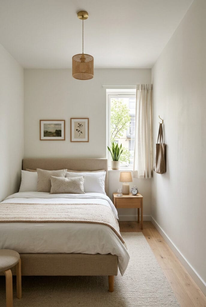 Pan de mur nu et coin dégagé dans une petite chambre apaisante