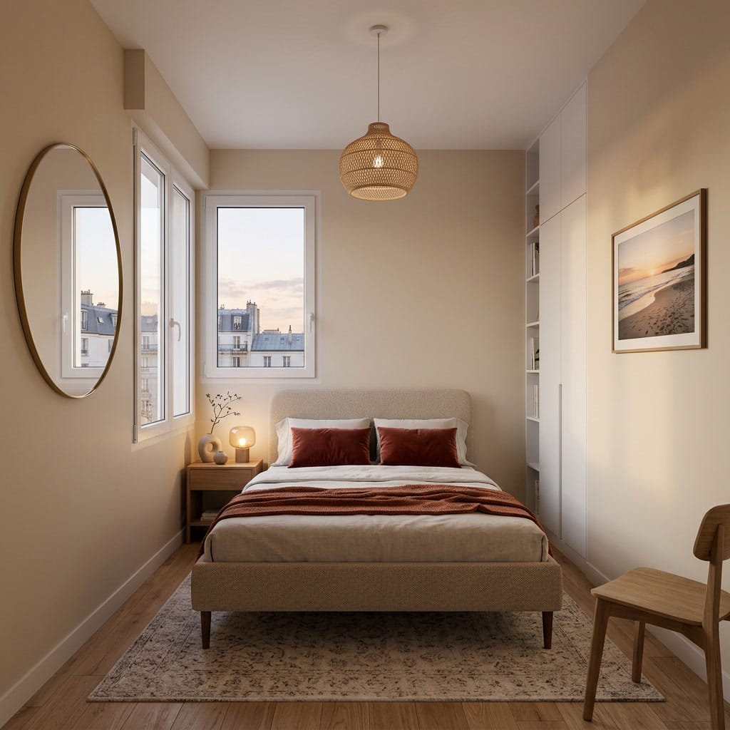 Petite chambre cosy aménagée avec un lit bas, des rangements en hauteur et une lumière douce