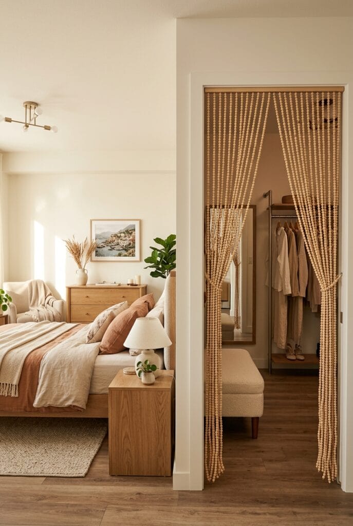 Rideau de perles en bois à l'entrée d'une chambre parentale cosy