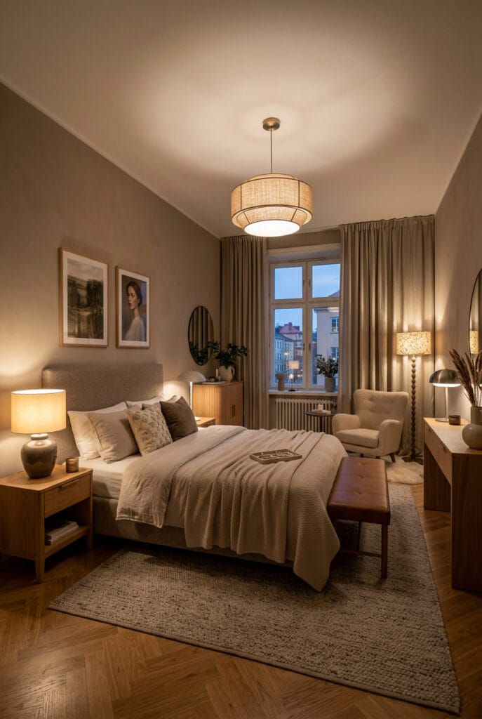 Chambre adulte avec plusieurs points lumineux créant une ambiance douce, chaleureuse et intime.