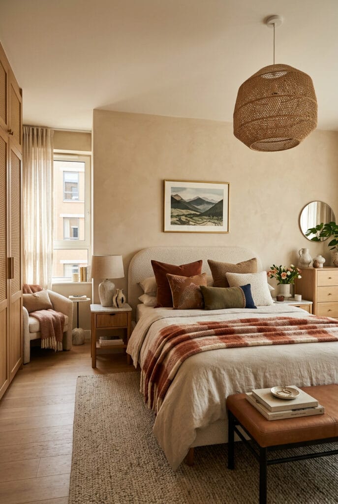 Chambre adulte cosy avec un lit habillé de textiles chaleureux et de textures douces pour une ambiance confortable.