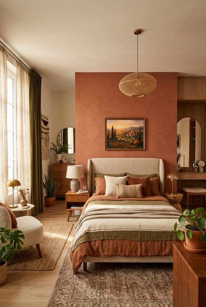 Chambre adulte avec un mur derrière le lit dans une teinte chaleureuse créant une ambiance intime et apaisante.