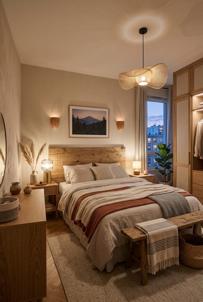 Chambre adulte cosy avec des éléments en bois naturel créant une atmosphère chaleureuse, douce et authentique.