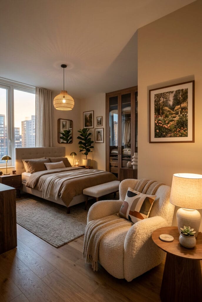 Chambre adulte cosy avec un coin détente aménagé dans un espace oublié pour créer une atmosphère confortable et intime.