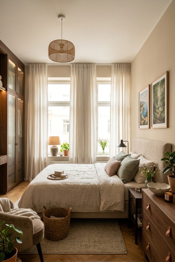 Chambre adulte avec rideaux longs du sol au plafond pour plus de hauteur et d'harmonie