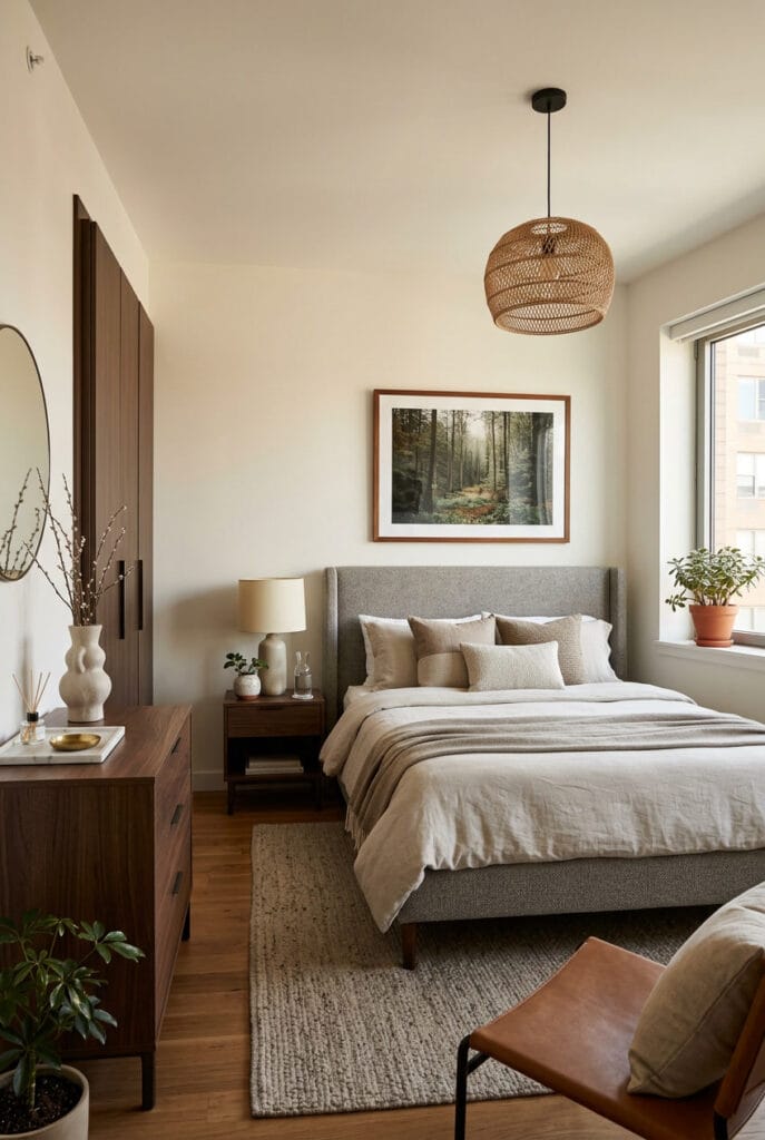 Chambre adulte rangée et épurée avec rangements fermés pour plus de sérénité