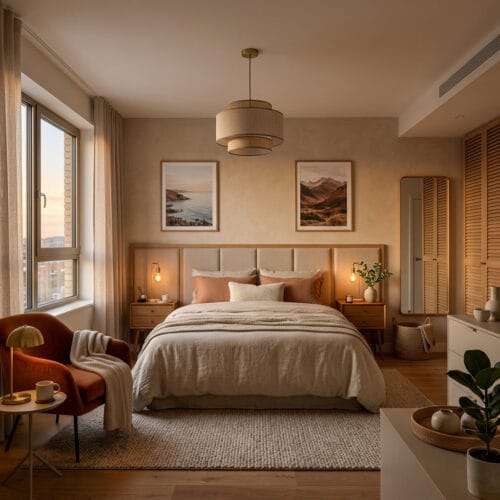 Chambre adulte cosy et chaleureuse aménagée dans une ambiance douce, naturelle, apaisante et propice à la détente.