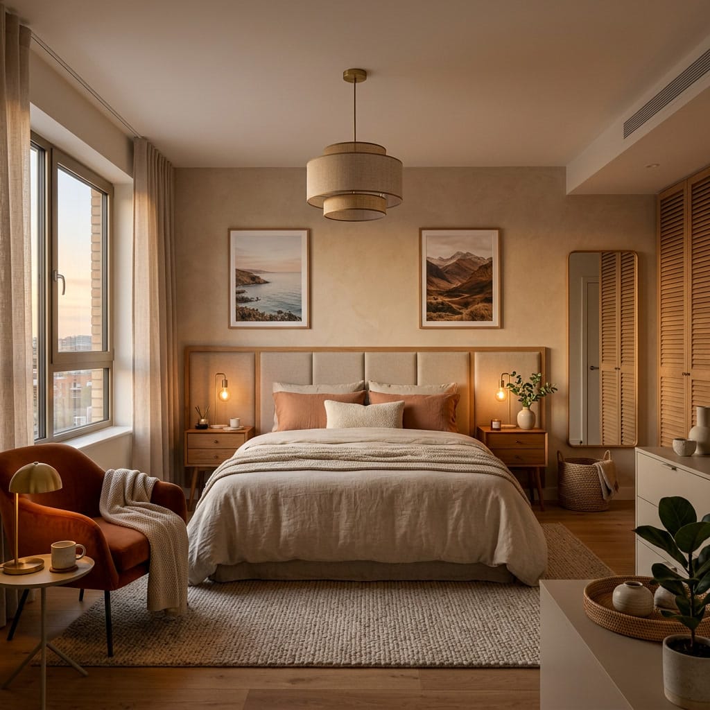 Chambre adulte cosy et chaleureuse aménagée dans une ambiance douce, naturelle, apaisante et propice à la détente.