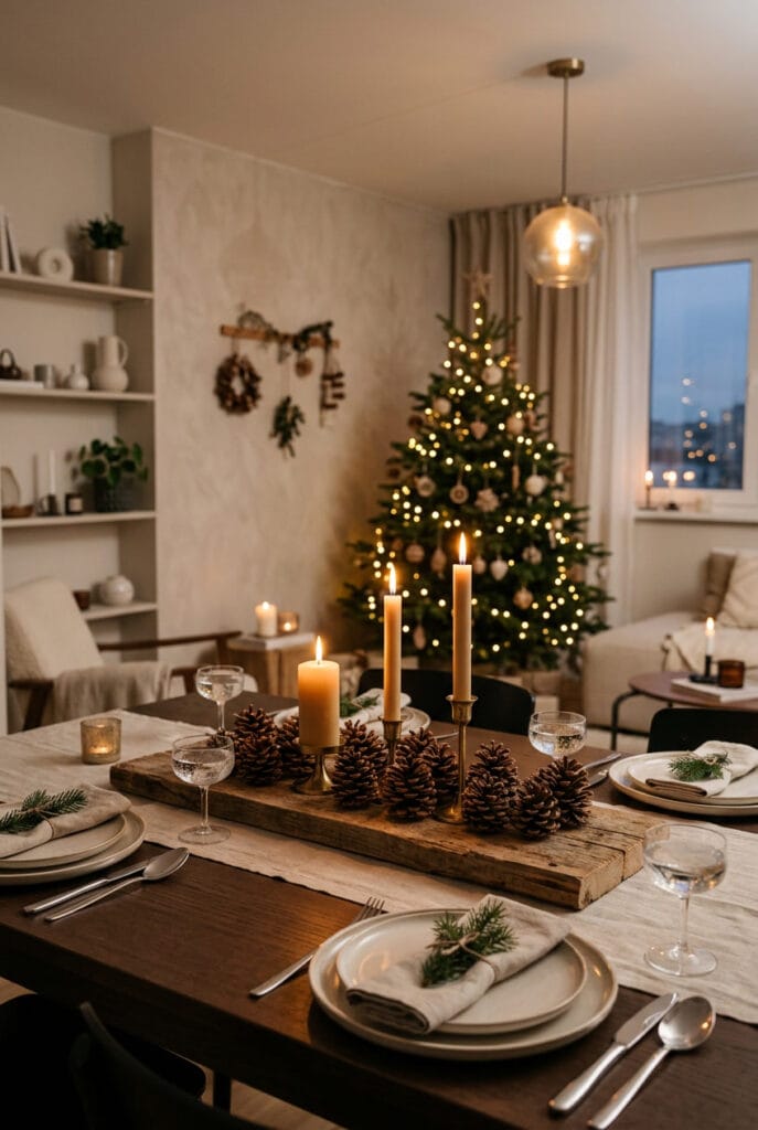 Deco table de noel cosy avec bougies et décoration naturelle au centre de la table.