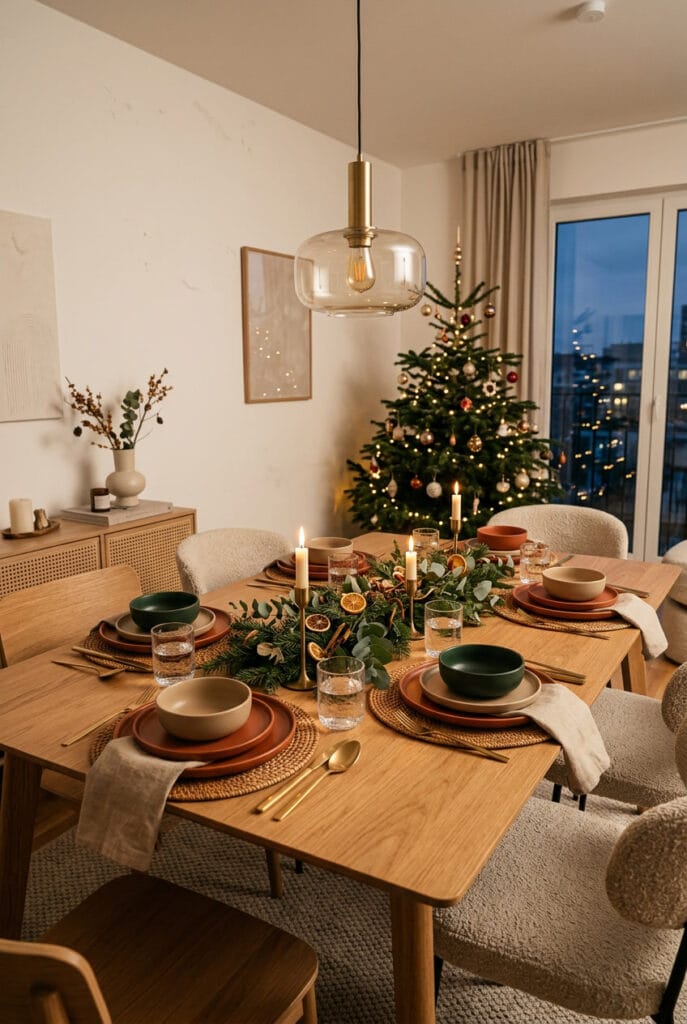 Deco table de noel aux couleurs chaleureuses avec une vaisselle aux tons naturels et enveloppants