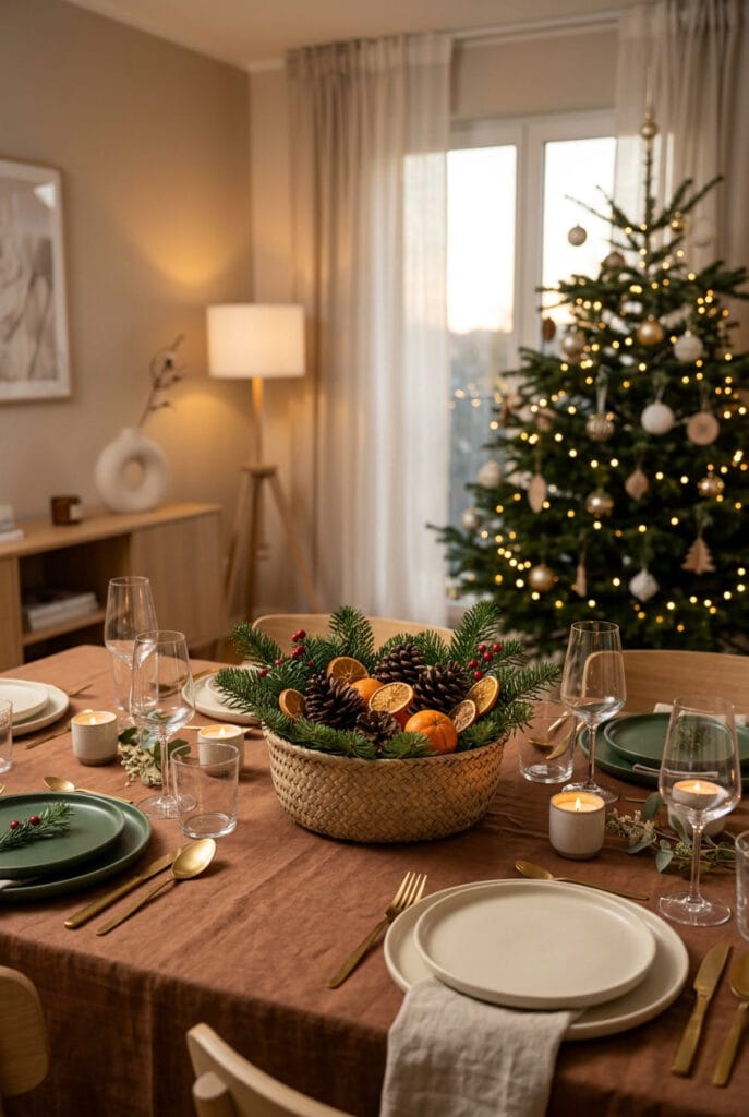 Deco table de noel avec un centre de table naturel composé d’éléments décoratifs chaleureux