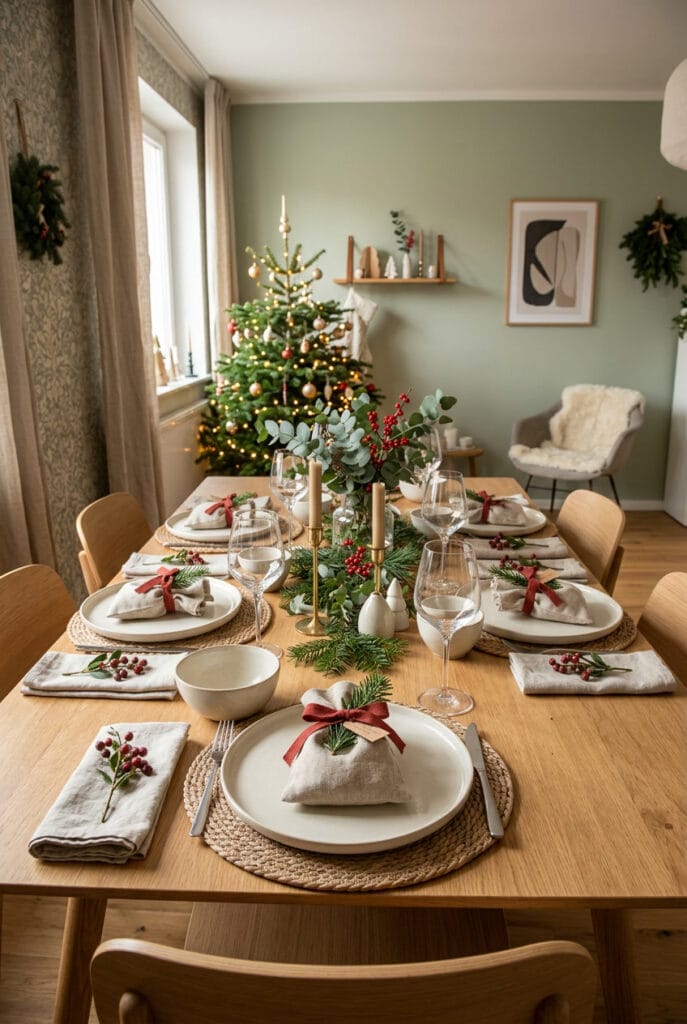 Deco table de noel conviviale avec de petits cadeaux disposés sur les assiettes