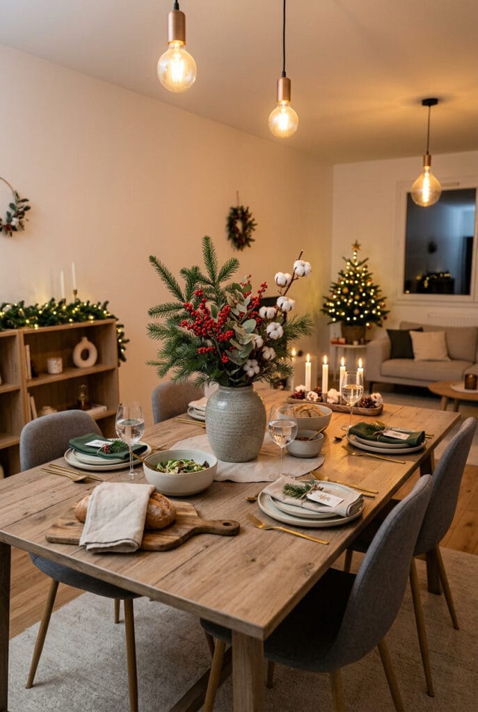 Deco table de noel cosy avec une décoration végétale naturelle et chaleureuse au centre de la table.
