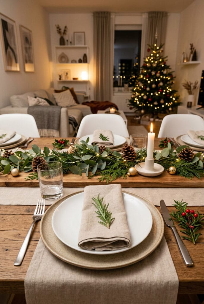 Deco table de noel cosy avec une vaisselle élégante et une décoration naturelle aux tons doux.