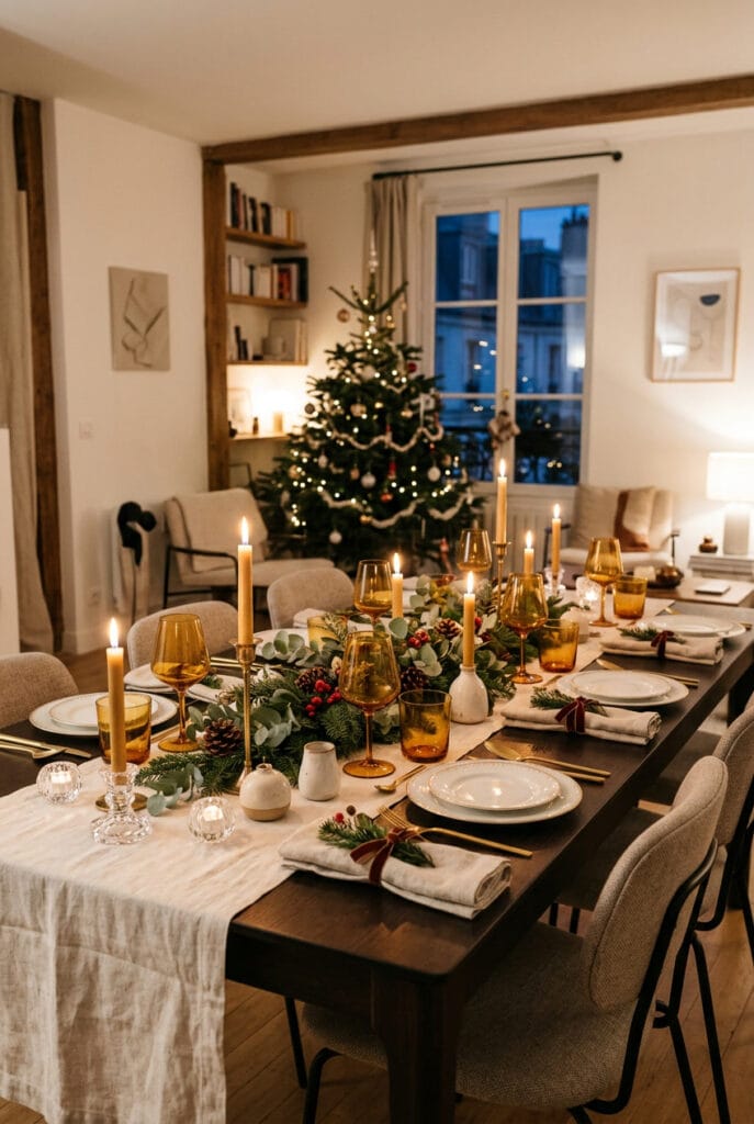 Deco table de noel cosy avec des verres ambrés et une décoration chaleureuse aux nuances naturelles