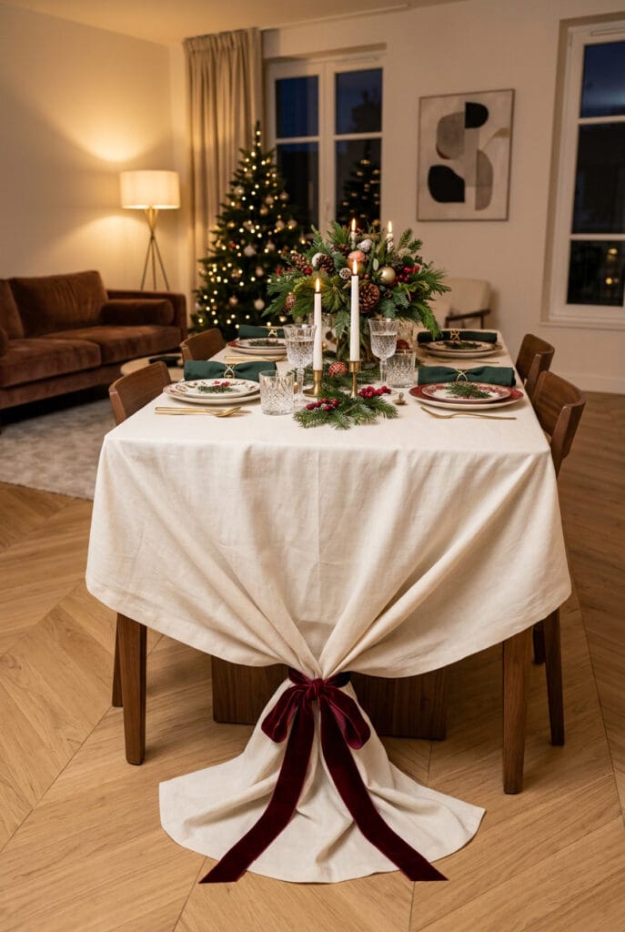 Deco table de noel cosy avec une nappe élégante et une mise en scène chaleureuse pour les fêtes