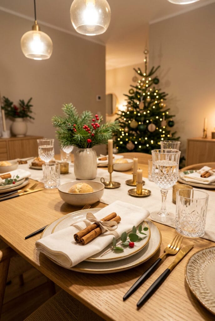 Deco table de noel chaleureuse avec des éléments naturels inspirés de la cannelle