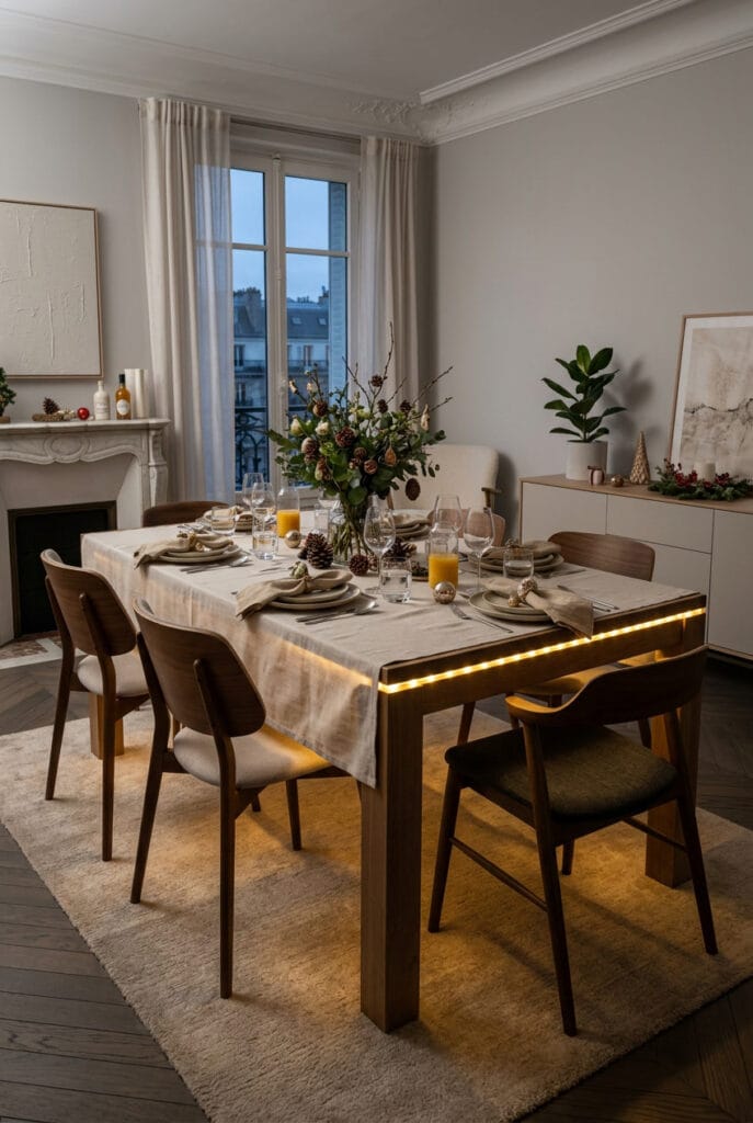 Deco table de noel chaleureuse sublimée par un éclairage doux pour une ambiance festive