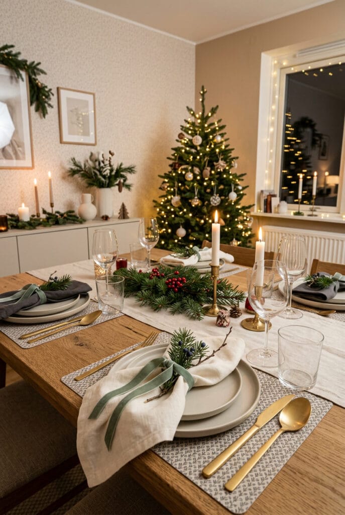 Deco table de noel avec serviettes ornées de rubans et touches végétales