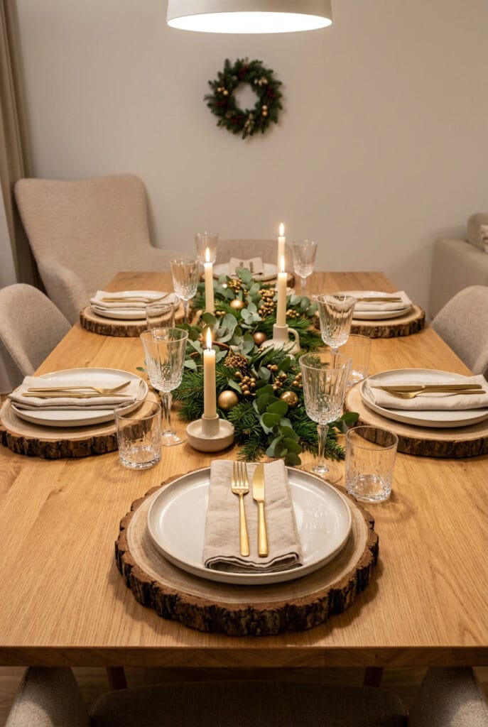 Deco table de noel naturelle avec assiettes disposées sur des supports en bois