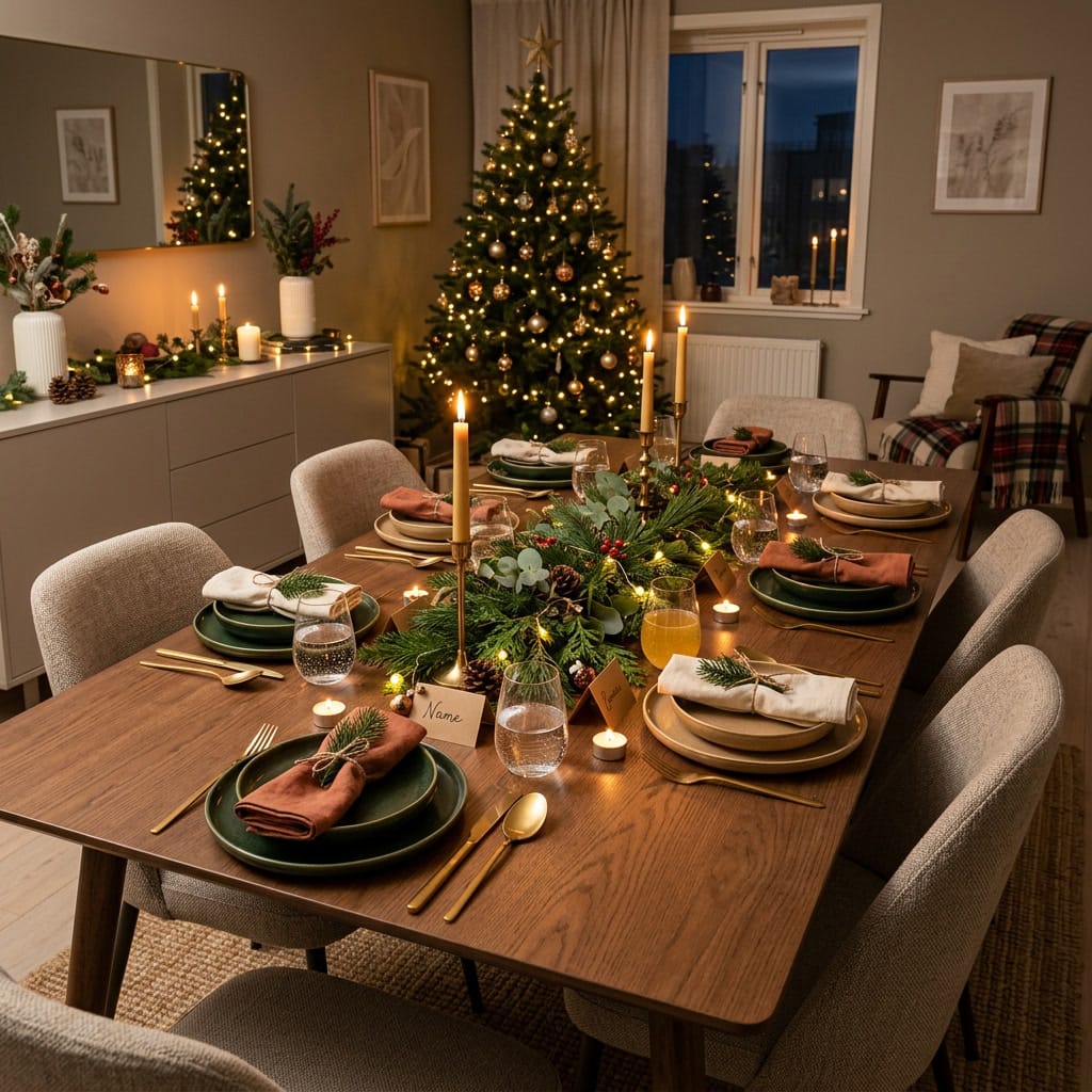 Deco table de noel cosy et chaleureuse dans une ambiance festive, naturelle et élégante