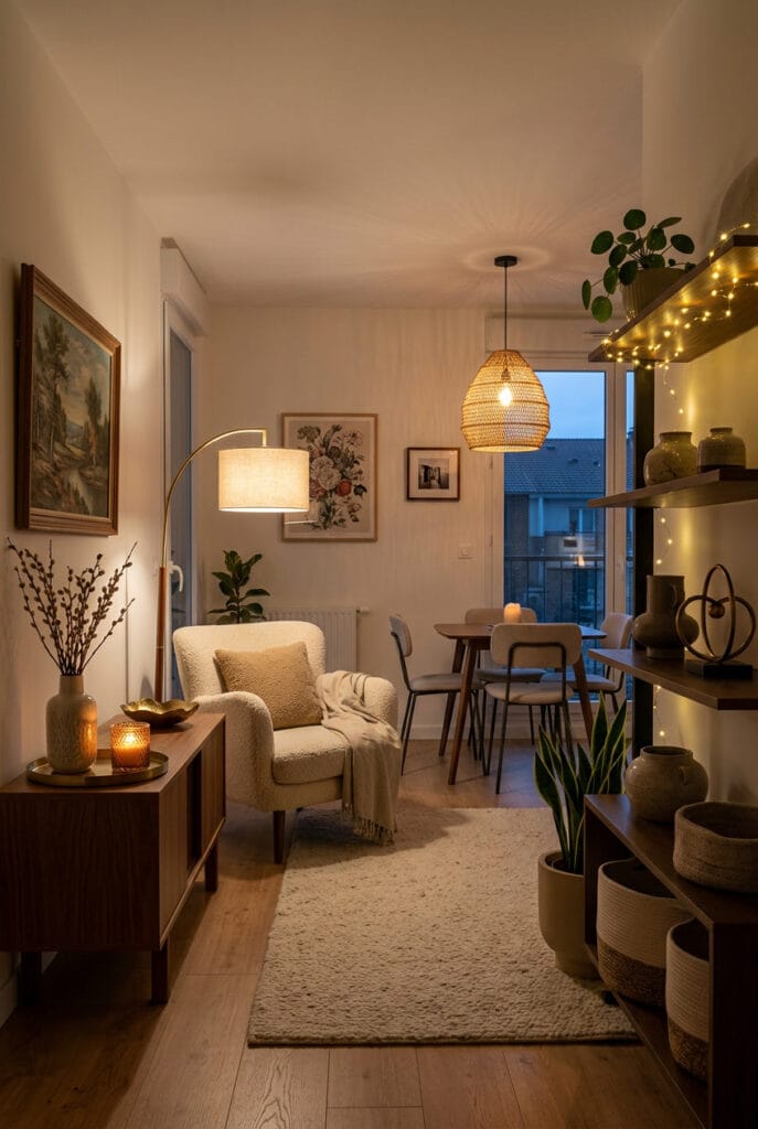 Intérieur chaleureux éclairé par plusieurs sources de lumière douce