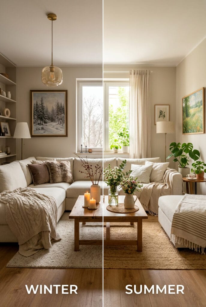 Intérieur chaleureux adapté aux saisons avec plaid et fleurs