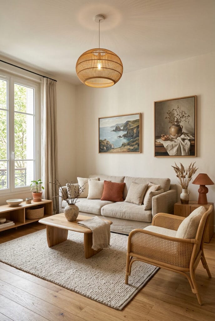 Intérieur chaleureux avec matières naturelles comme le lin et le rotin