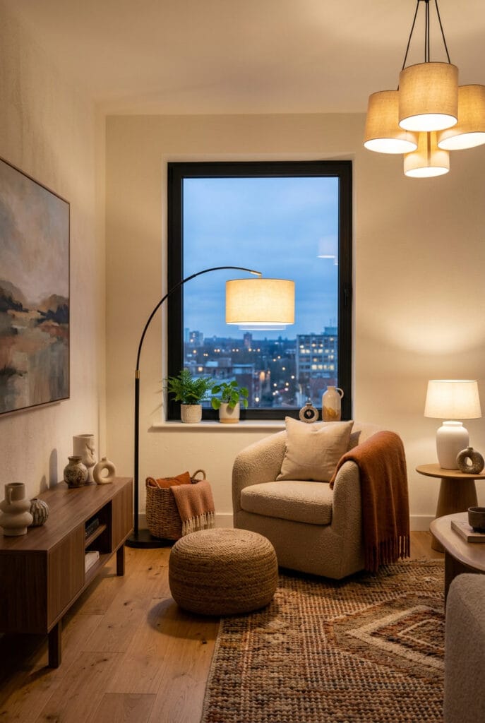 Intérieur chaleureux avec coin refuge et fauteuil de lecture