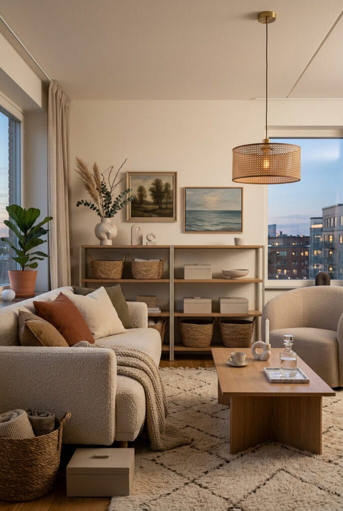 Intérieur chaleureux rangé avec paniers tressés